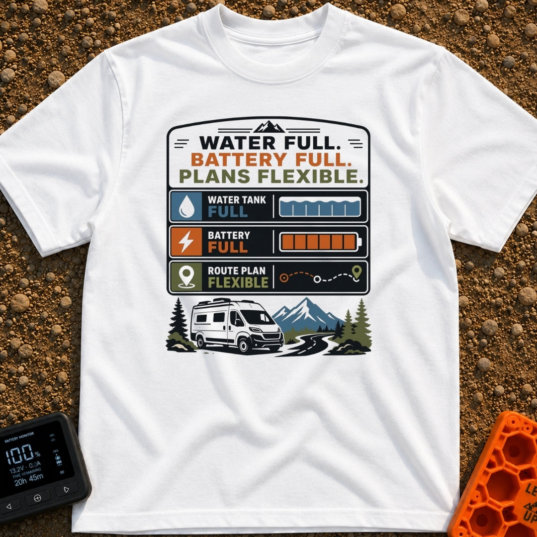 Tanks Full Plans Flexible - T-Shirt in White - A graphic design featuring three status indicator panels showing a full...