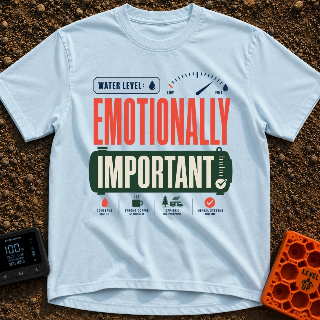Emotional Support Tank - T-Shirt in Chambray - A graphic design featuring the text "WATER LEVEL: EMOTIONALLY IMPORTANT"...