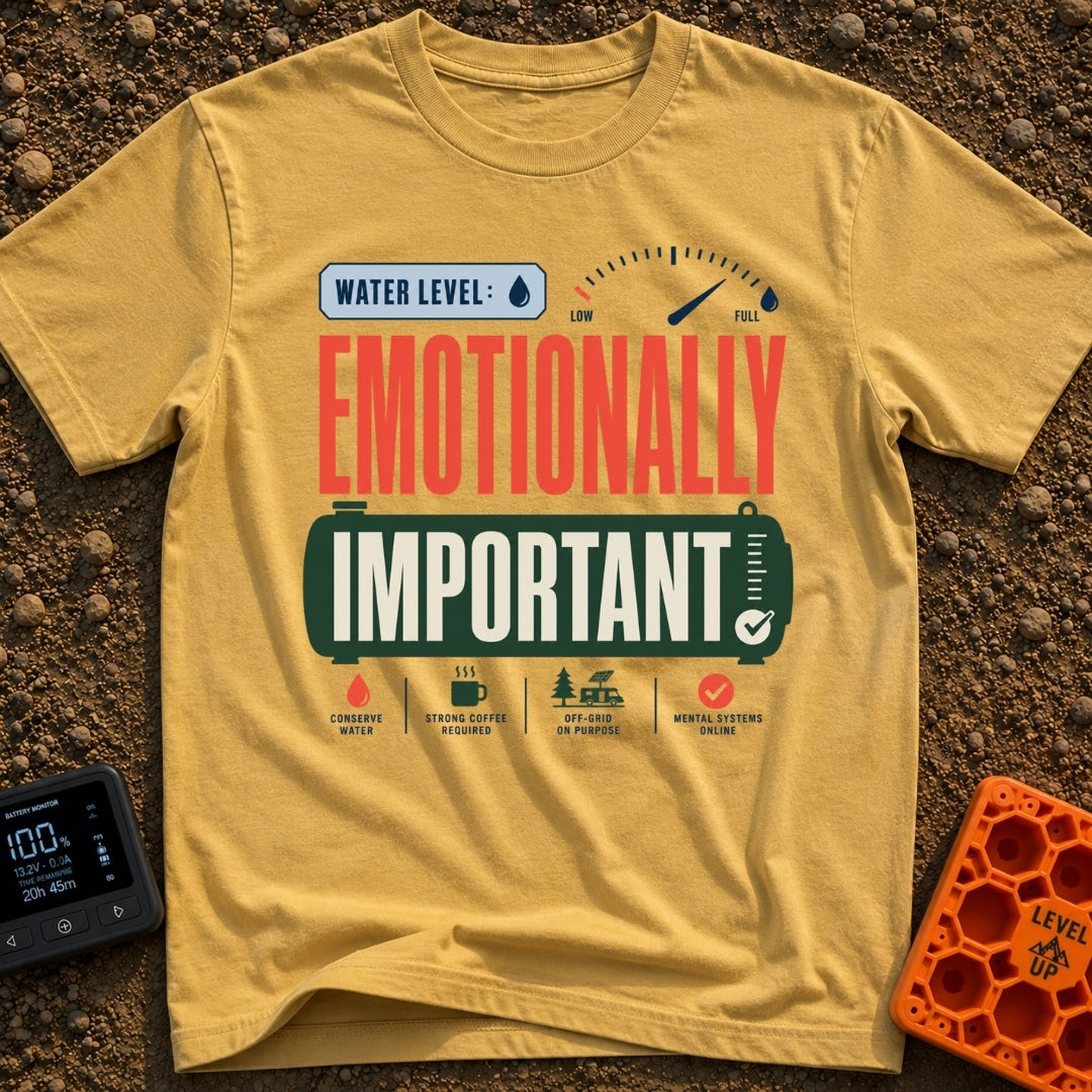 Emotional Support Tank - T-Shirt in Mustard - A graphic design featuring the text "WATER LEVEL: EMOTIONALLY IMPORTANT"...