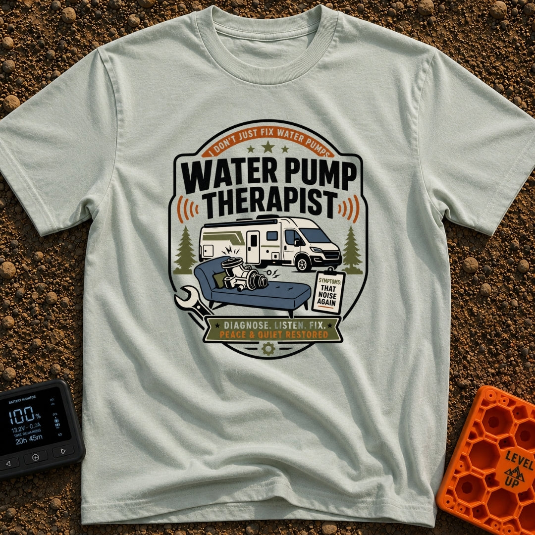 Water Pump Therapy - T-Shirt in Bay - A badge-style illustration showing a mechanical water pump resting on a therapist's...