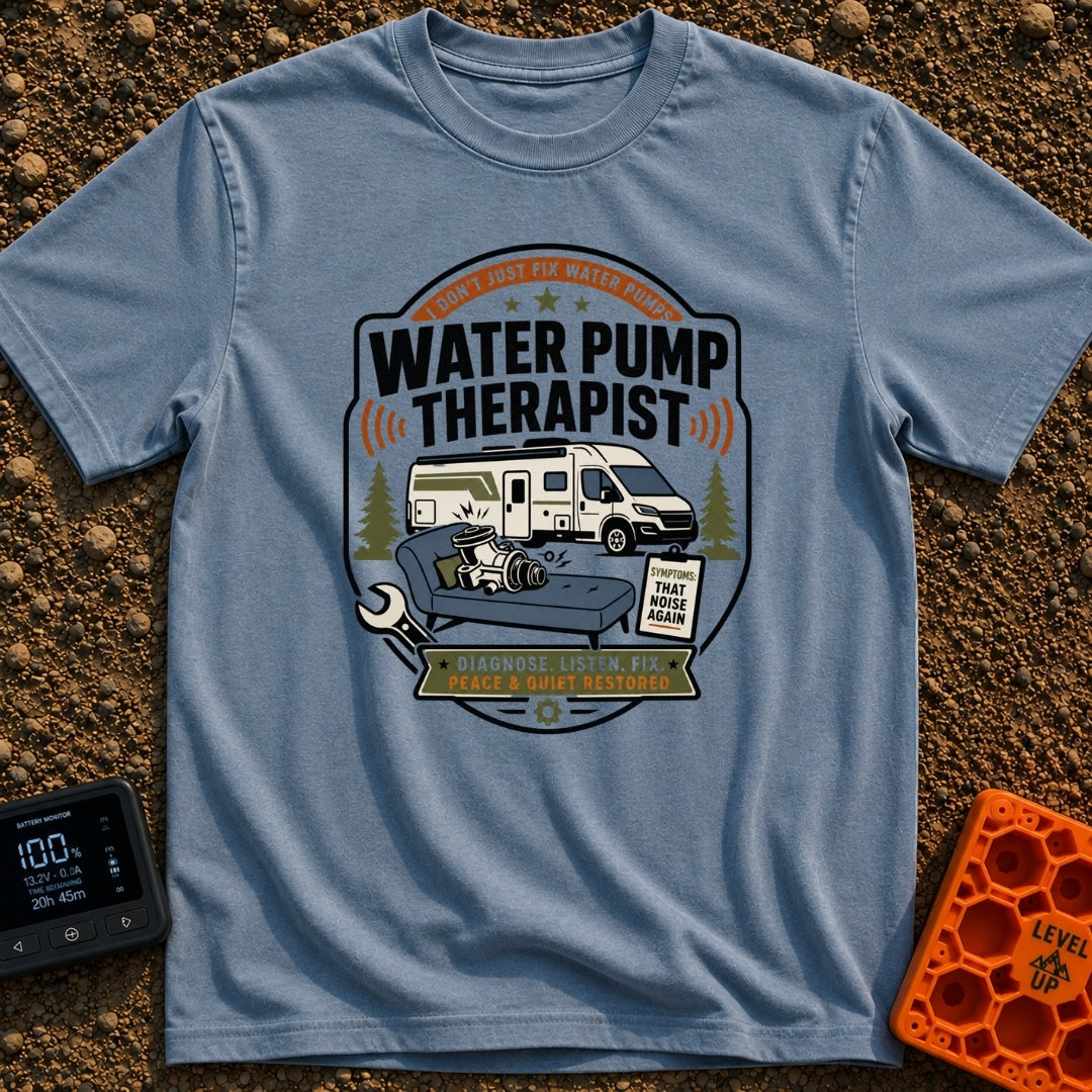 Water Pump Therapy - T-Shirt in Blue Jean - A badge-style illustration showing a mechanical water pump resting on a...
