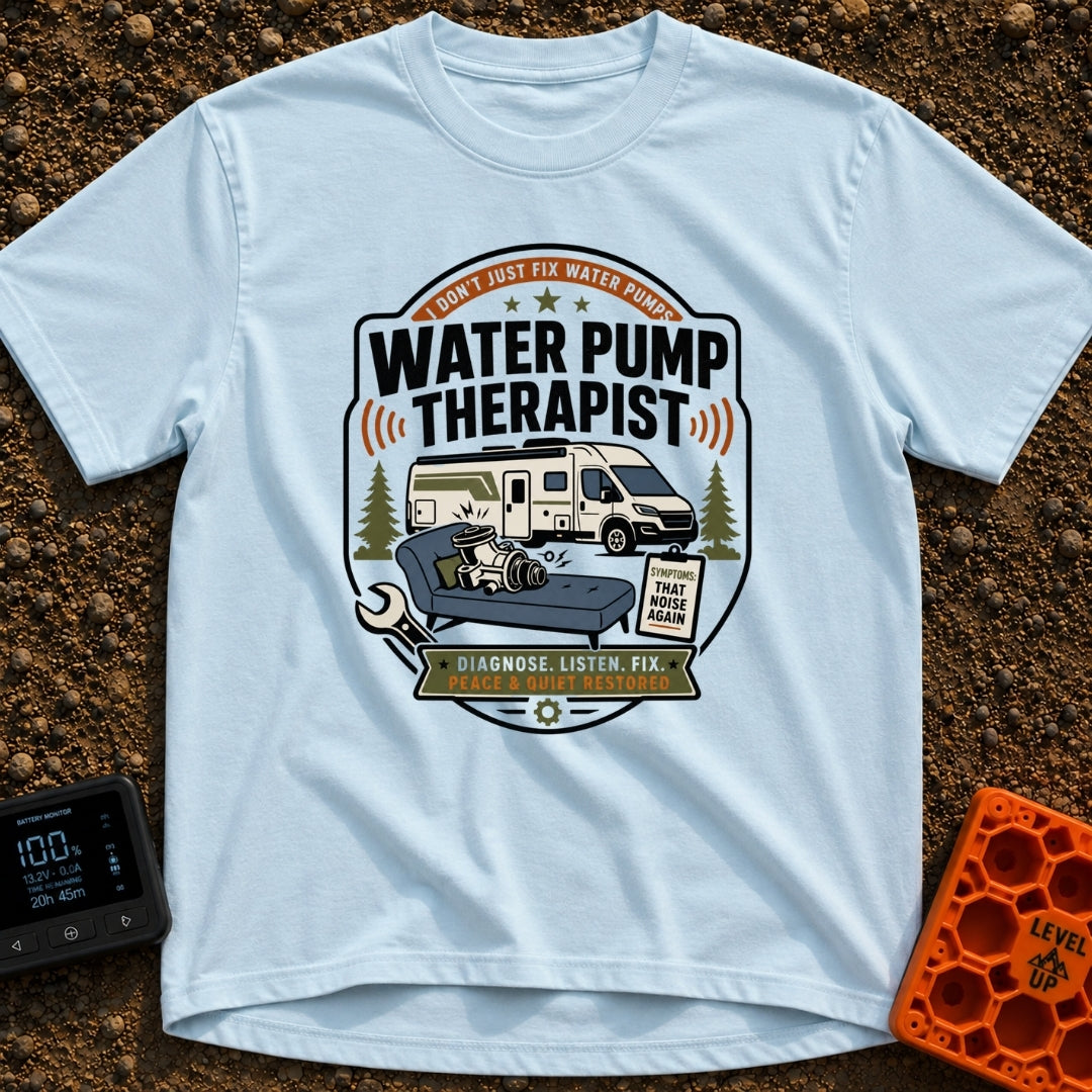 Water Pump Therapy - T-Shirt in Chambray - A badge-style illustration showing a mechanical water pump resting on a...