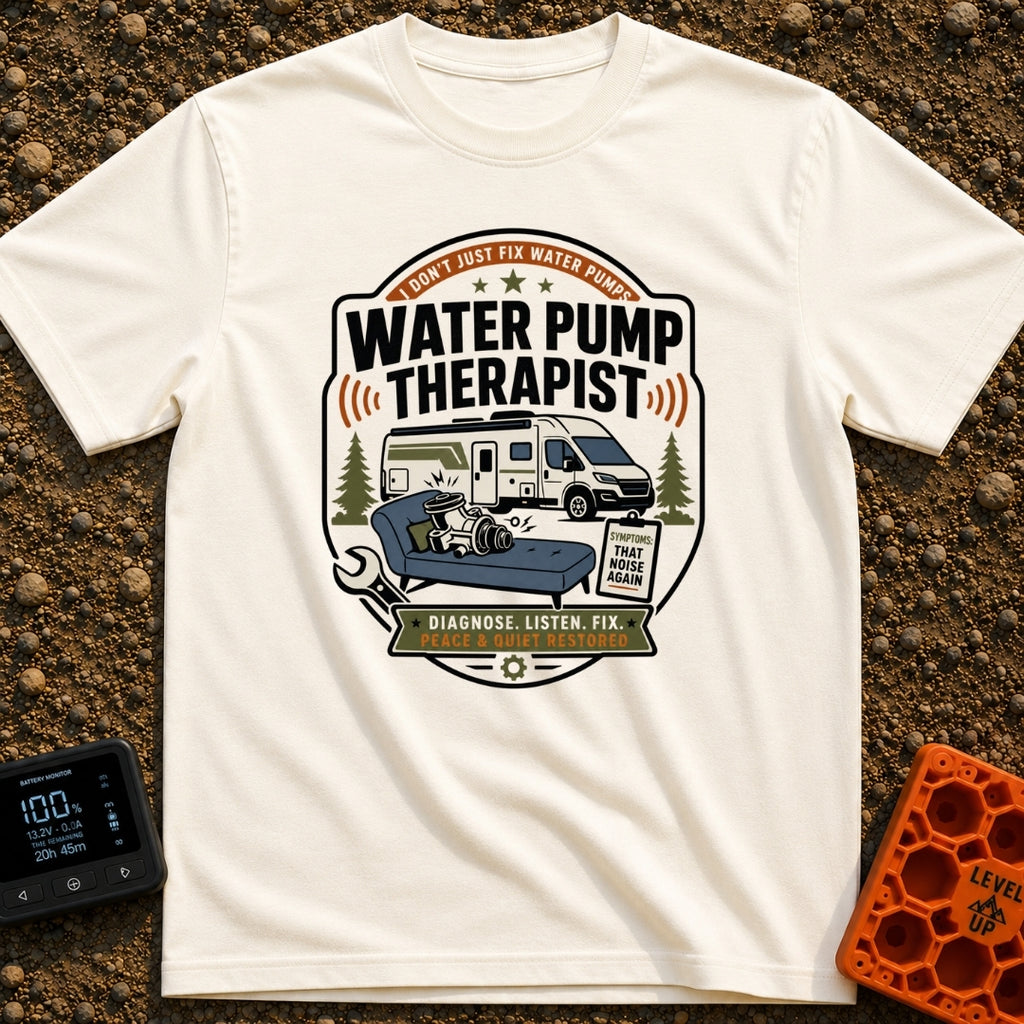 Water Pump Therapy - T-Shirt in Ivory - A badge-style illustration showing a mechanical water pump resting on a...