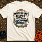 Water Pump Therapy - T-Shirt in Ivory - A badge-style illustration showing a mechanical water pump resting on a...