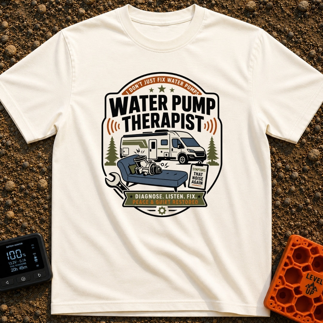 Water Pump Therapy - T-Shirt in Ivory - A badge-style illustration showing a mechanical water pump resting on a...