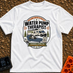 Water Pump Therapy - T-Shirt in White - A badge-style illustration showing a mechanical water pump resting on a...