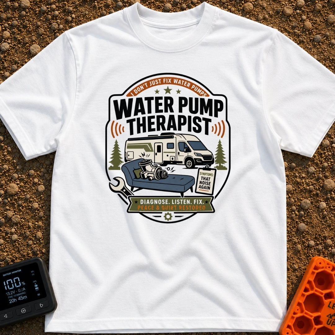 Water Pump Therapy - T-Shirt in White - A badge-style illustration showing a mechanical water pump resting on a...