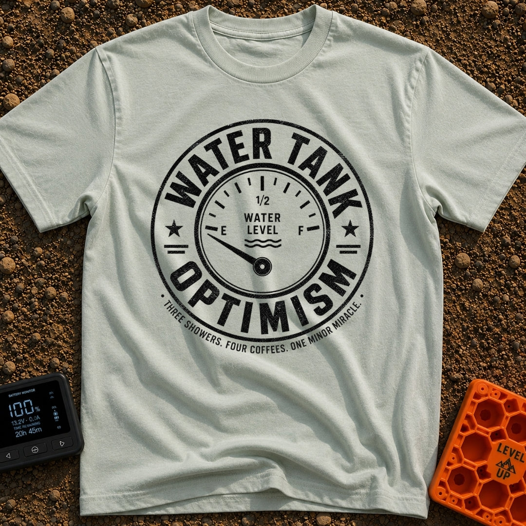 Tank Half Full - T-Shirt in Bay - A distressed black and white circular badge featuring an analog gauge with the needle...
