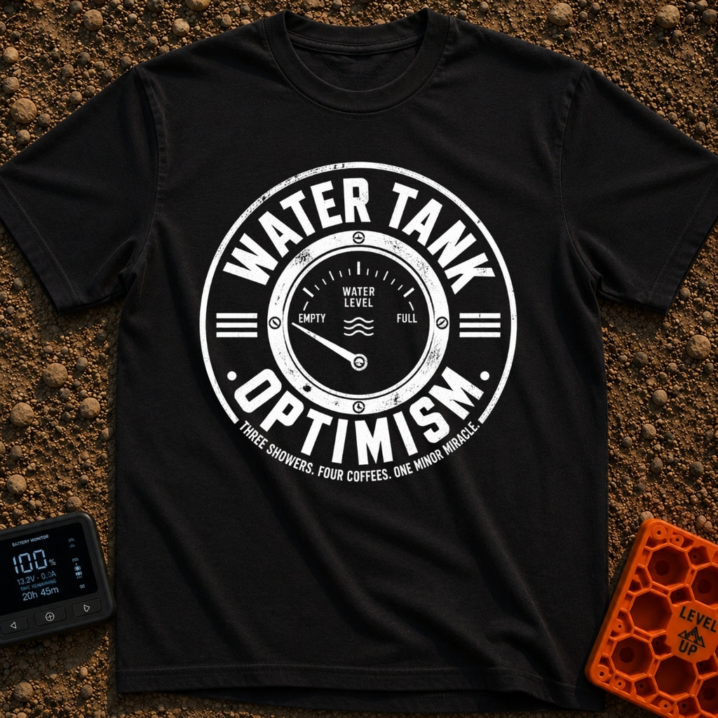 Tank Half Full - T-Shirt in Black - A distressed black and white circular badge featuring an analog gauge with the needle...
