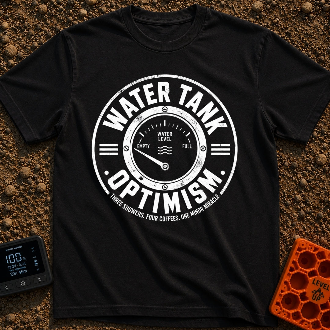 Tank Half Full - T-Shirt in Black - A distressed black and white circular badge featuring an analog gauge with the needle...