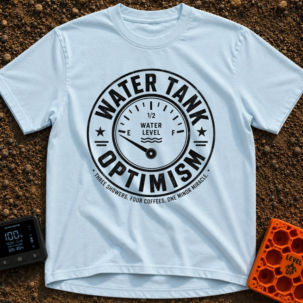 Tank Half Full - T-Shirt in Chambray - A distressed black and white circular badge featuring an analog gauge with the...