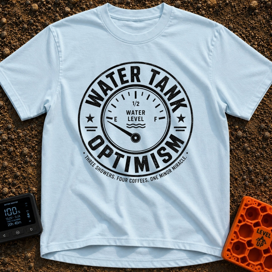 Tank Half Full - T-Shirt in Chambray - A distressed black and white circular badge featuring an analog gauge with the...