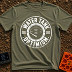 Tank Half Full - T-Shirt in Moss - A distressed black and white circular badge featuring an analog gauge with the needle...