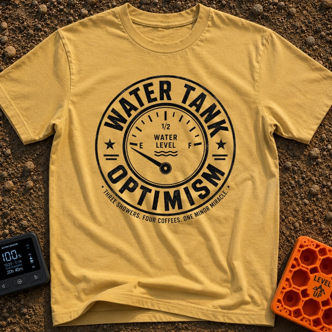 Tank Half Full - T-Shirt in Mustard - A distressed black and white circular badge featuring an analog gauge with the...