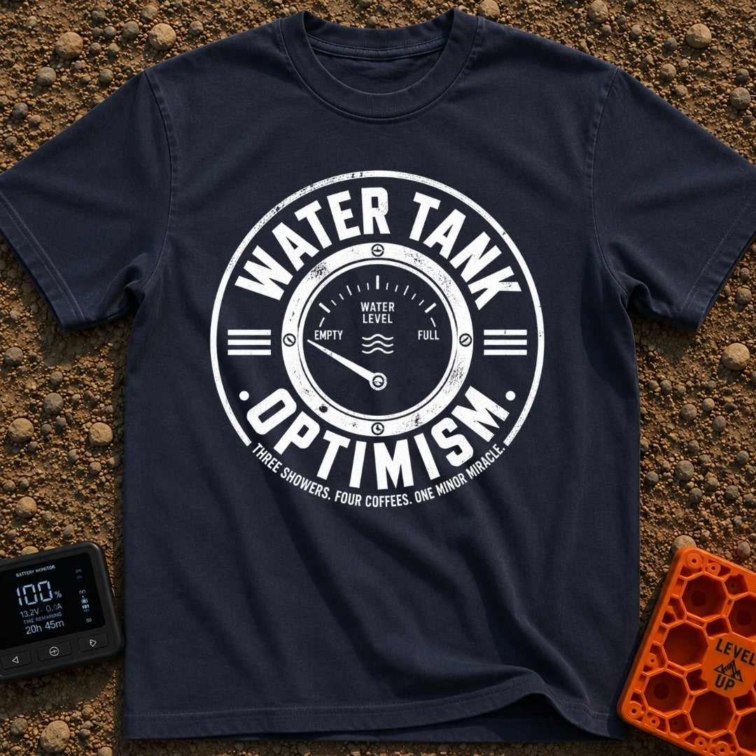 Tank Half Full - T-Shirt in Navy - A distressed black and white circular badge featuring an analog gauge with the needle...