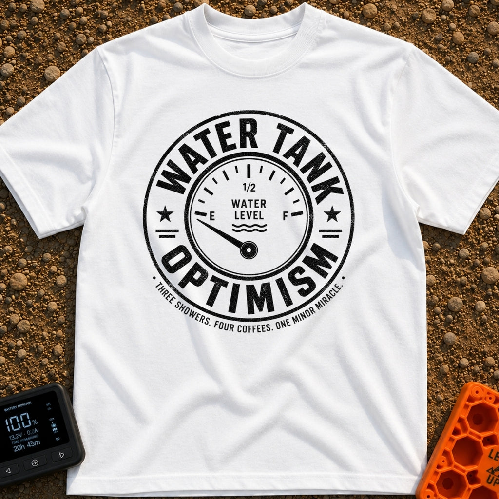Tank Half Full - T-Shirt in White - A distressed black and white circular badge featuring an analog gauge with the needle...