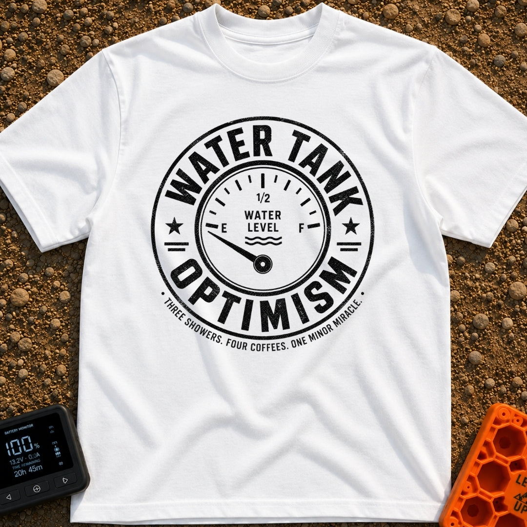 Tank Half Full - T-Shirt in White - A distressed black and white circular badge featuring an analog gauge with the needle...