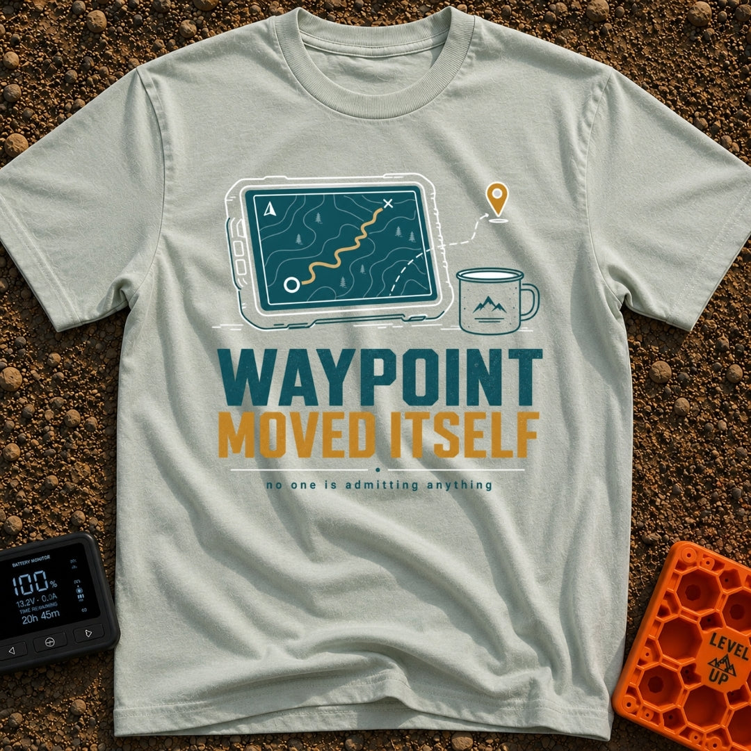 The Waypoint Lied - T-Shirt in Bay - A graphic showing a digital tablet displaying a topographical map with a winding...