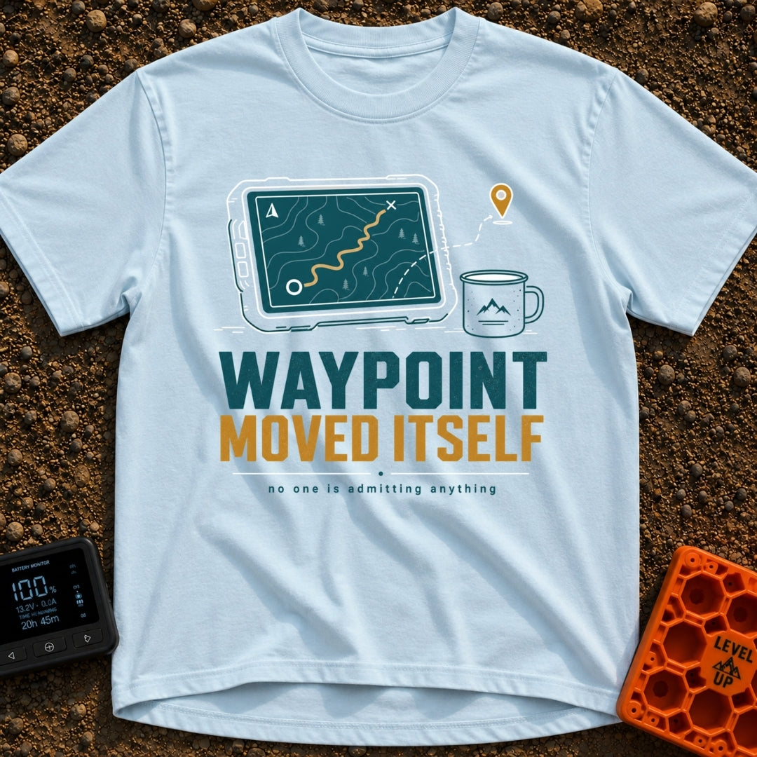 The Waypoint Lied - T-Shirt in Chambray - A graphic showing a digital tablet displaying a topographical map with a...