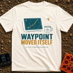 The Waypoint Lied - T-Shirt in Ivory - A graphic showing a digital tablet displaying a topographical map with a winding...