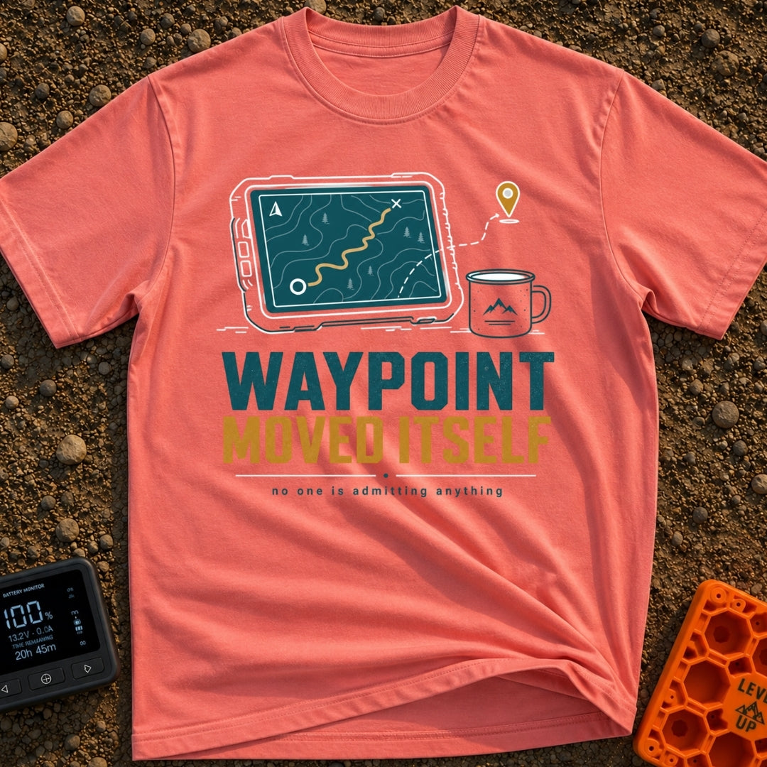The Waypoint Lied - T-Shirt in Watermelon - A graphic showing a digital tablet displaying a topographical map with a...