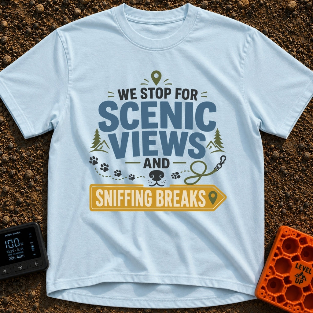 Scenic & Sniffing Stops - T-Shirt in Chambray - Typographic design reading "WE STOP FOR SCENIC VIEWS AND SNIFFING BREAKS"...