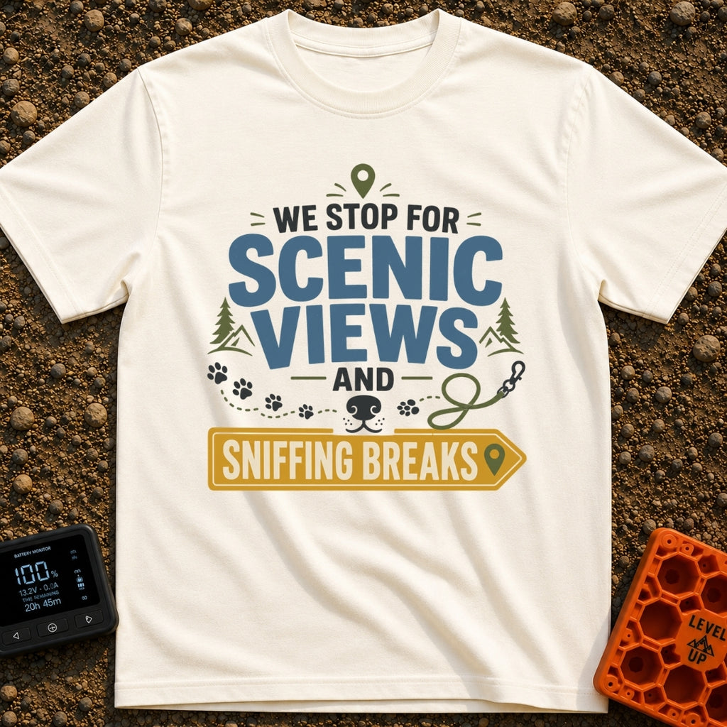 Scenic & Sniffing Stops - T-Shirt in Ivory - Typographic design reading "WE STOP FOR SCENIC VIEWS AND SNIFFING BREAKS"...
