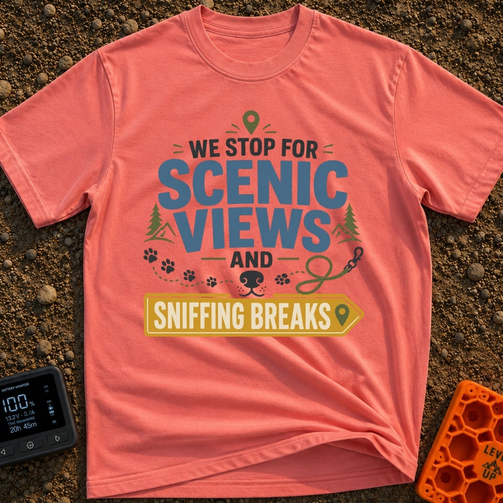 Scenic & Sniffing Stops - T-Shirt in Watermelon - Typographic design reading "WE STOP FOR SCENIC VIEWS AND SNIFFING...