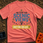 Scenic & Sniffing Stops - T-Shirt in Watermelon - Typographic design reading "WE STOP FOR SCENIC VIEWS AND SNIFFING...