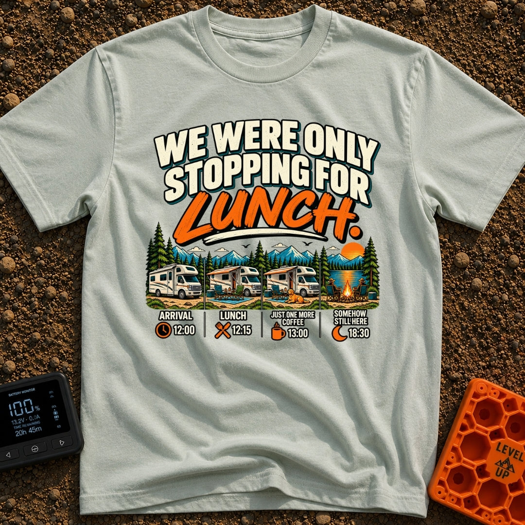 Only Stopping For Lunch - T-Shirt in Bay - The artwork features the text "WE WERE ONLY STOPPING FOR LUNCH." above a...