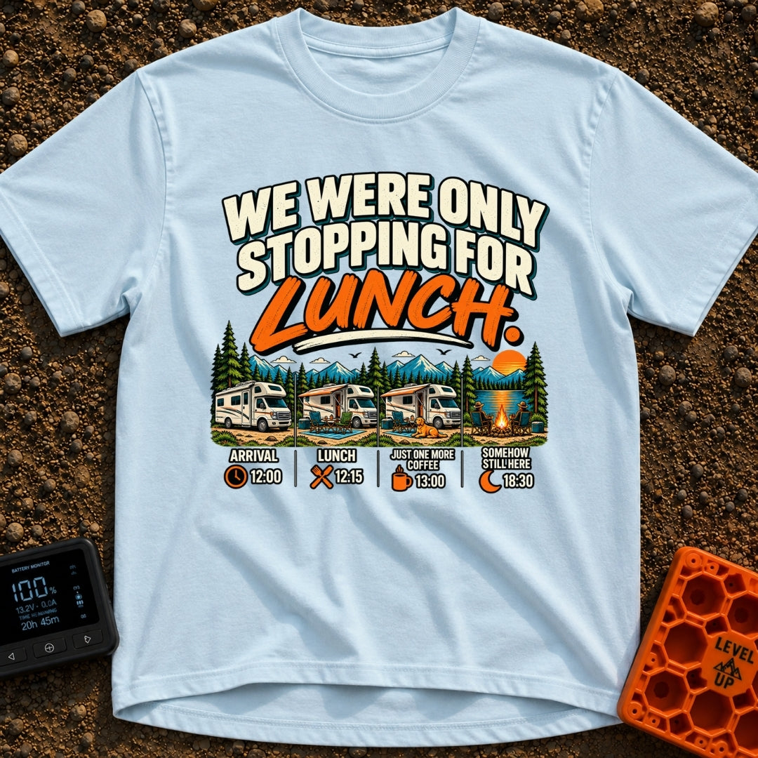 Only Stopping For Lunch - T-Shirt in Chambray - The artwork features the text "WE WERE ONLY STOPPING FOR LUNCH." above a...