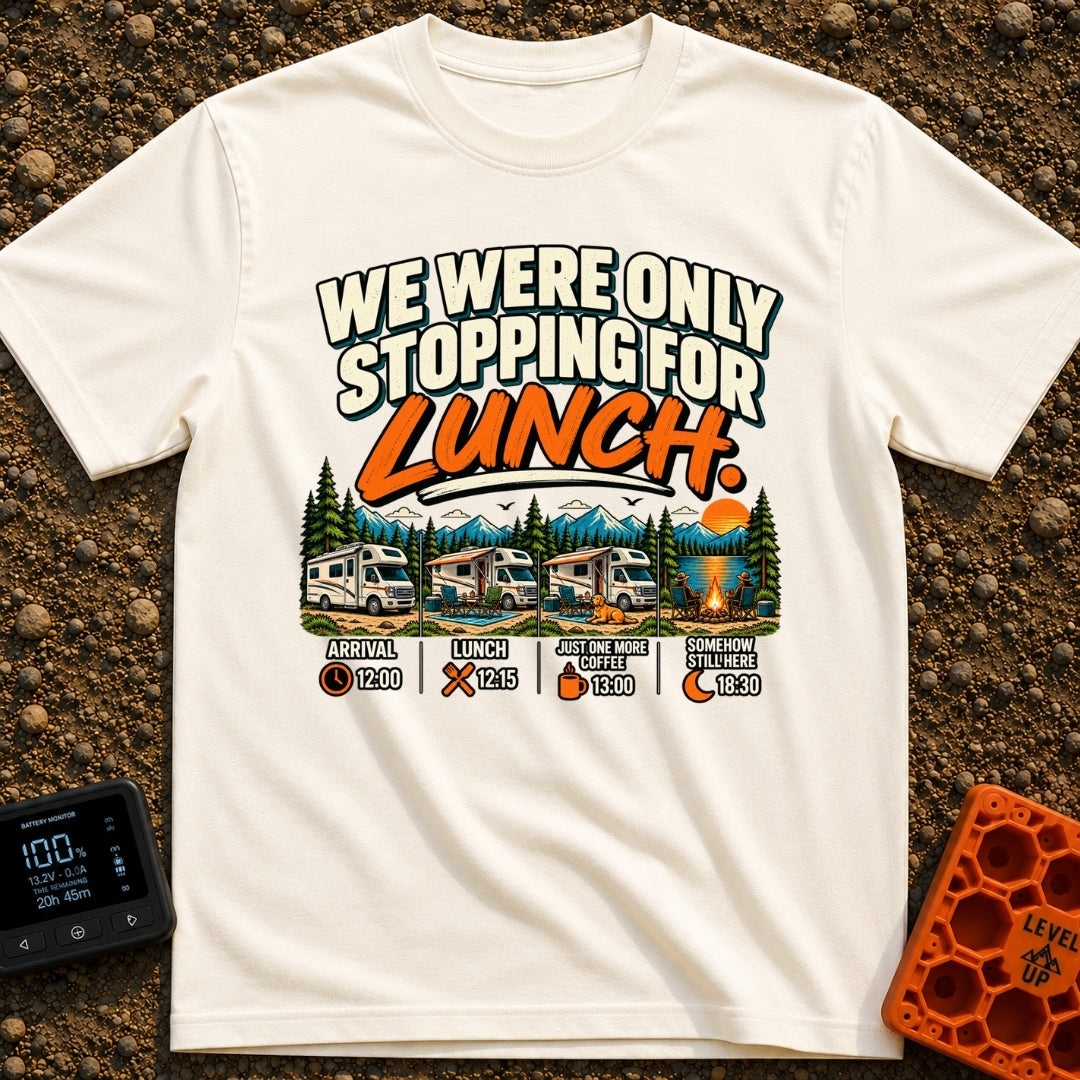 Only Stopping For Lunch - T-Shirt in Ivory - The artwork features the text "WE WERE ONLY STOPPING FOR LUNCH." above a...