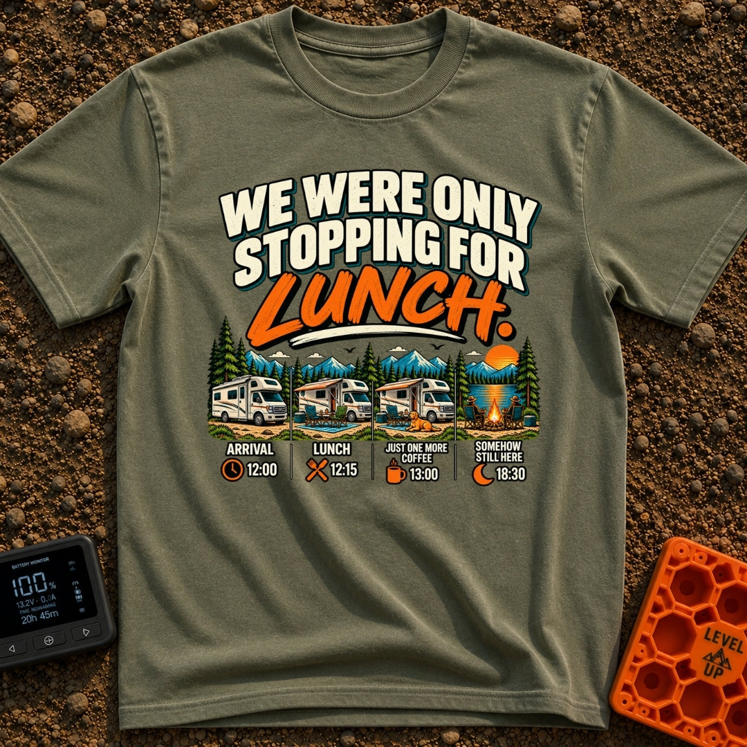 Only Stopping For Lunch - T-Shirt in Moss - The artwork features the text "WE WERE ONLY STOPPING FOR LUNCH." above a...
