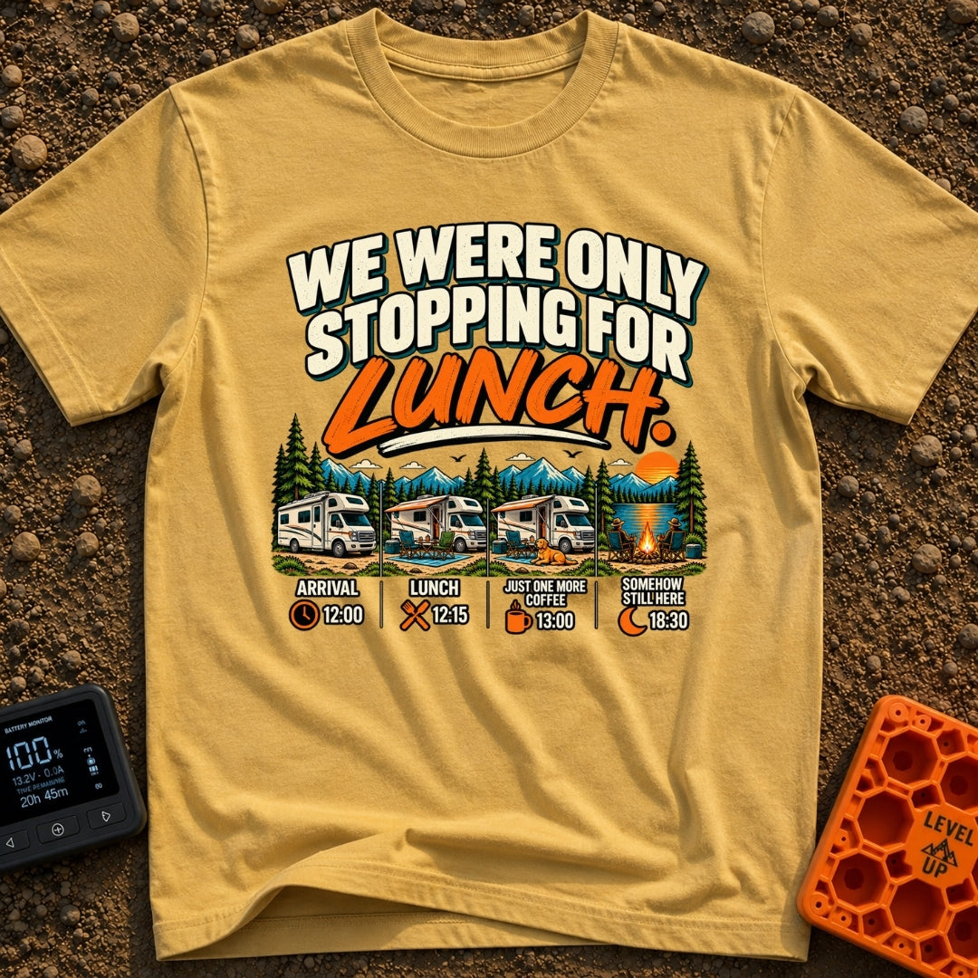 Only Stopping For Lunch - T-Shirt in Mustard - The artwork features the text "WE WERE ONLY STOPPING FOR LUNCH." above a...