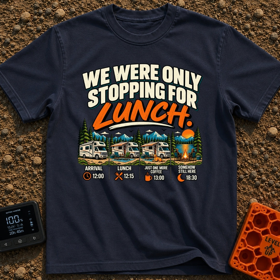 Only Stopping For Lunch - T-Shirt in Navy - The artwork features the text "WE WERE ONLY STOPPING FOR LUNCH." above a...