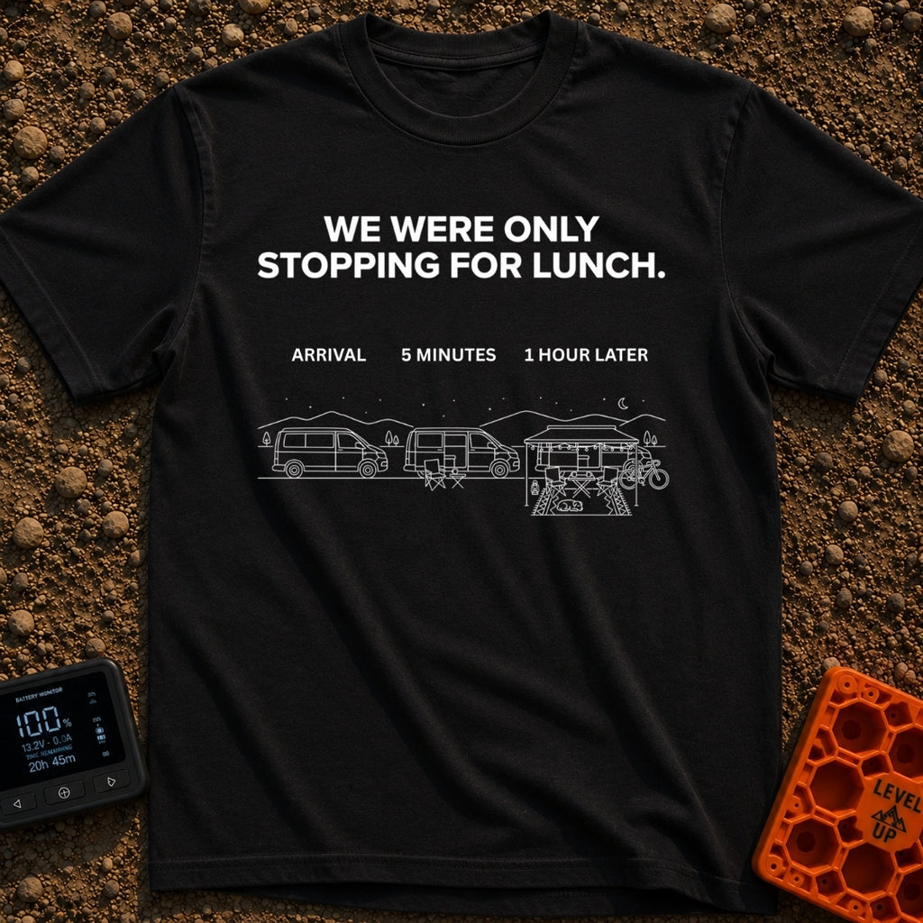 Just Stopping For Lunch - T-Shirt in Black - A three-part white line-art illustration showing the progression of a camper...