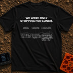 Just Stopping For Lunch - T-Shirt in Black - A three-part white line-art illustration showing the progression of a camper...