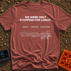 Just Stopping For Lunch - T-Shirt in Brick - A three-part white line-art illustration showing the progression of a camper...