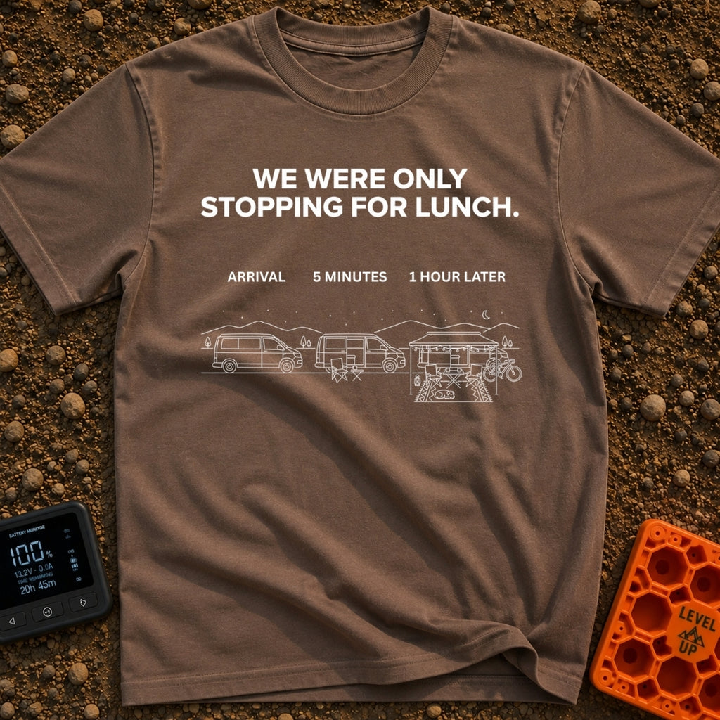 Just Stopping For Lunch - T-Shirt in Espresso - A three-part white line-art illustration showing the progression of a...