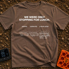 Just Stopping For Lunch - T-Shirt in Espresso - A three-part white line-art illustration showing the progression of a...