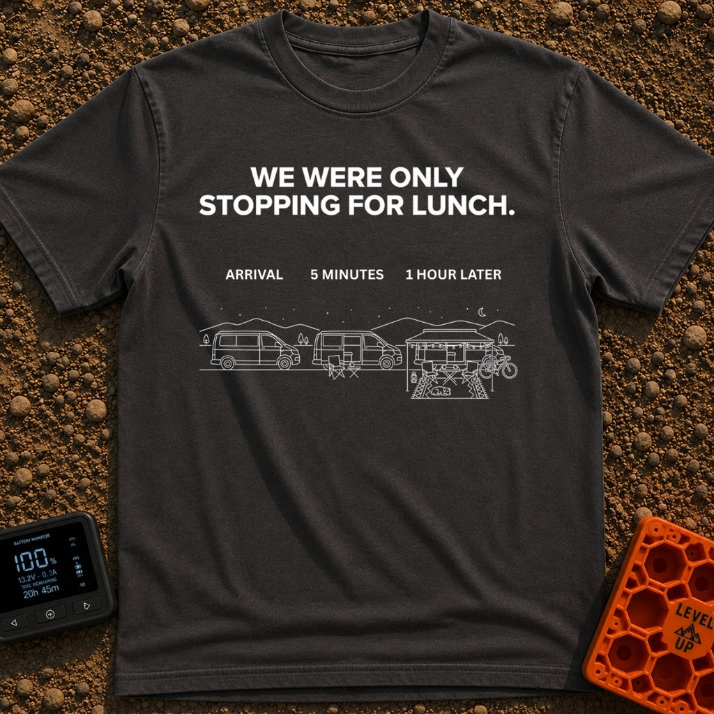 Just Stopping For Lunch - T-Shirt in Graphite - A three-part white line-art illustration showing the progression of a...