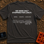 Just Stopping For Lunch - T-Shirt in Graphite - A three-part white line-art illustration showing the progression of a...