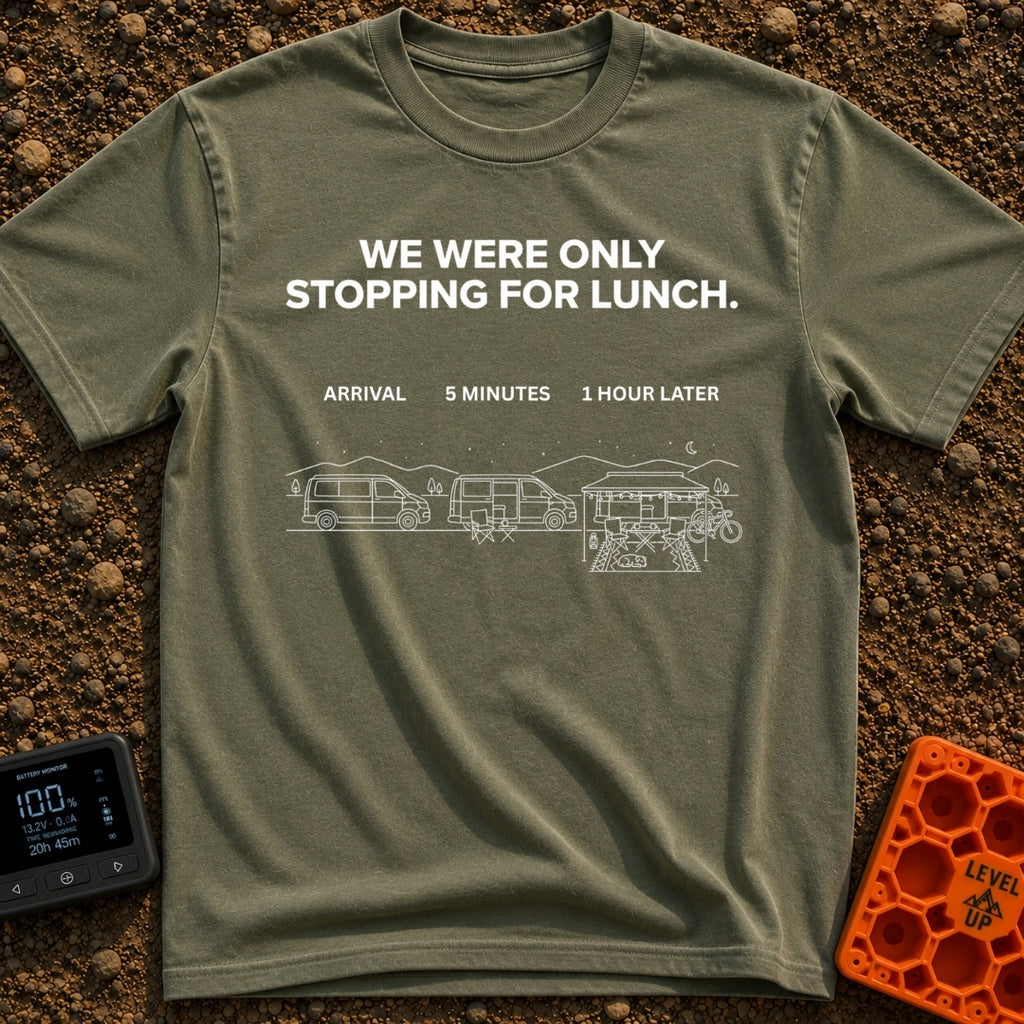Just Stopping For Lunch - T-Shirt in Moss - A three-part white line-art illustration showing the progression of a camper...
