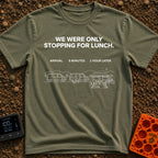 Just Stopping For Lunch - T-Shirt in Moss - A three-part white line-art illustration showing the progression of a camper...