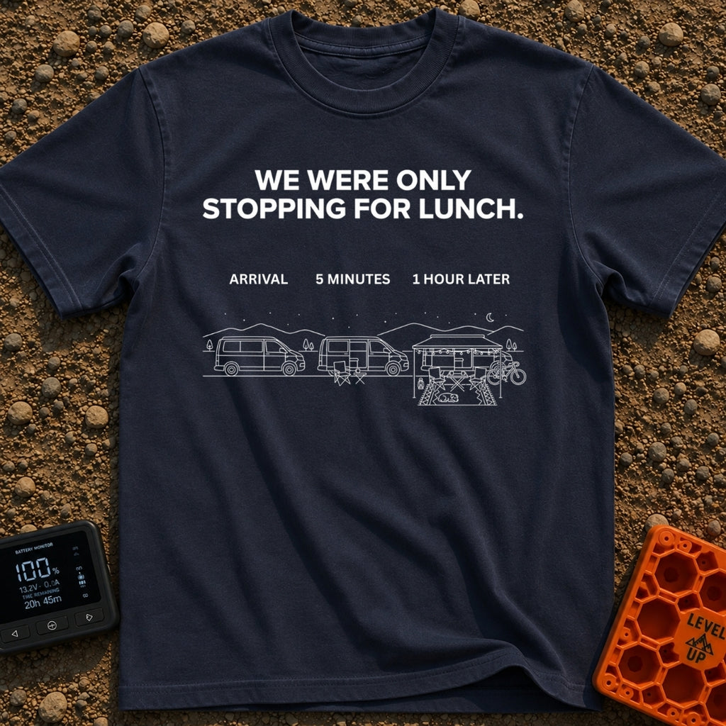 Just Stopping For Lunch - T-Shirt in Navy - A three-part white line-art illustration showing the progression of a camper...