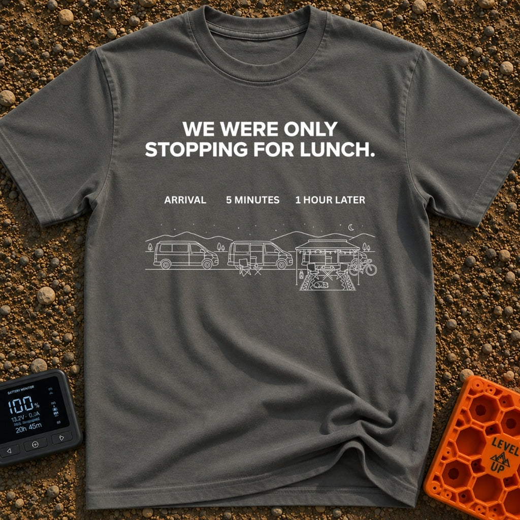 Just Stopping For Lunch - T-Shirt in Pepper - A three-part white line-art illustration showing the progression of a...