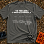 Just Stopping For Lunch - T-Shirt in Pepper - A three-part white line-art illustration showing the progression of a...