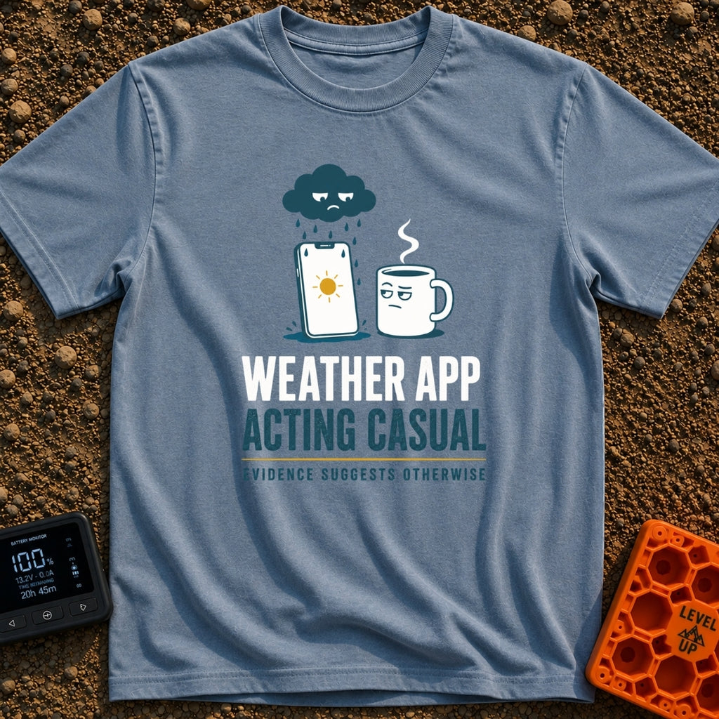 Weather App Acting Casual - T-Shirt in Blue Jean - A grumpy cartoon rain cloud pours rain onto a smartphone displaying a...