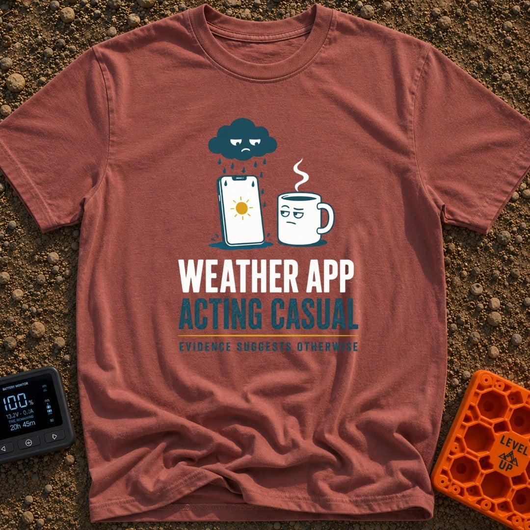 Weather App Acting Casual - T-Shirt in Brick - A grumpy cartoon rain cloud pours rain onto a smartphone displaying a...