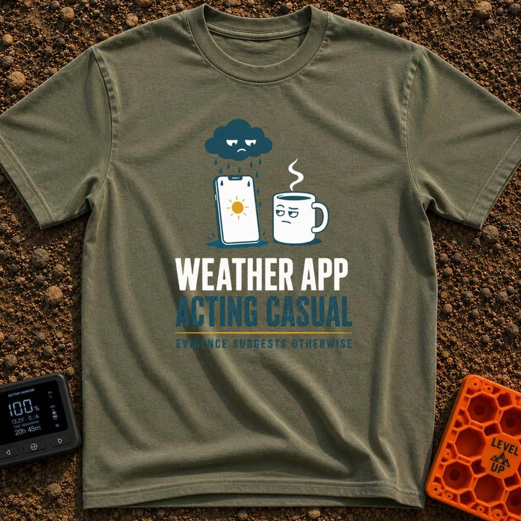 Weather App Acting Casual - T-Shirt in Moss - A grumpy cartoon rain cloud pours rain onto a smartphone displaying a sunny...